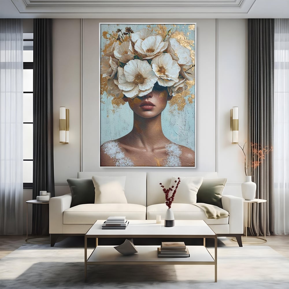 Tablou Canvas Premium LuxCanva® G1000, Ganduri Inflorite ,  Flori, Frumusete, Alb, Auriu, Petale, Estetica, Portret, Living, Dormitor, Culori vibrante