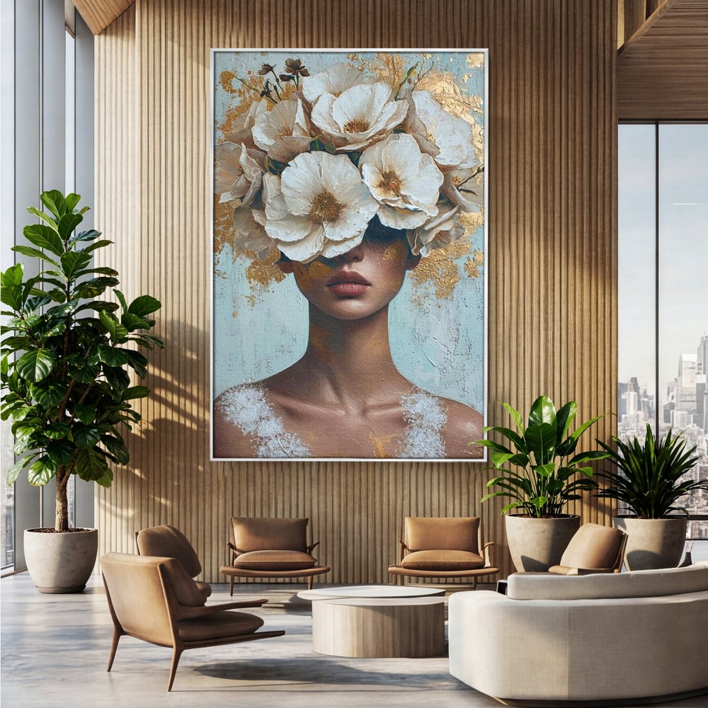 Tablou Canvas Premium LuxCanva® G1000, Ganduri Inflorite ,  Flori, Frumusete, Alb, Auriu, Petale, Estetica, Portret, Living, Dormitor, Culori vibrante