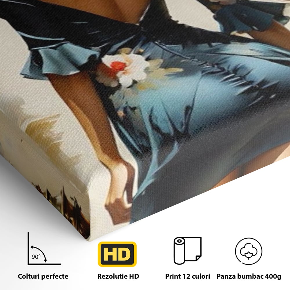 Tablou Canvas Premium LuxCanva® G1005, Povestea Unei Priviri , Romantism, Vant, Miscare, Rochie, Albastru, Satinat, Living, Dormitor, Culori vibrante