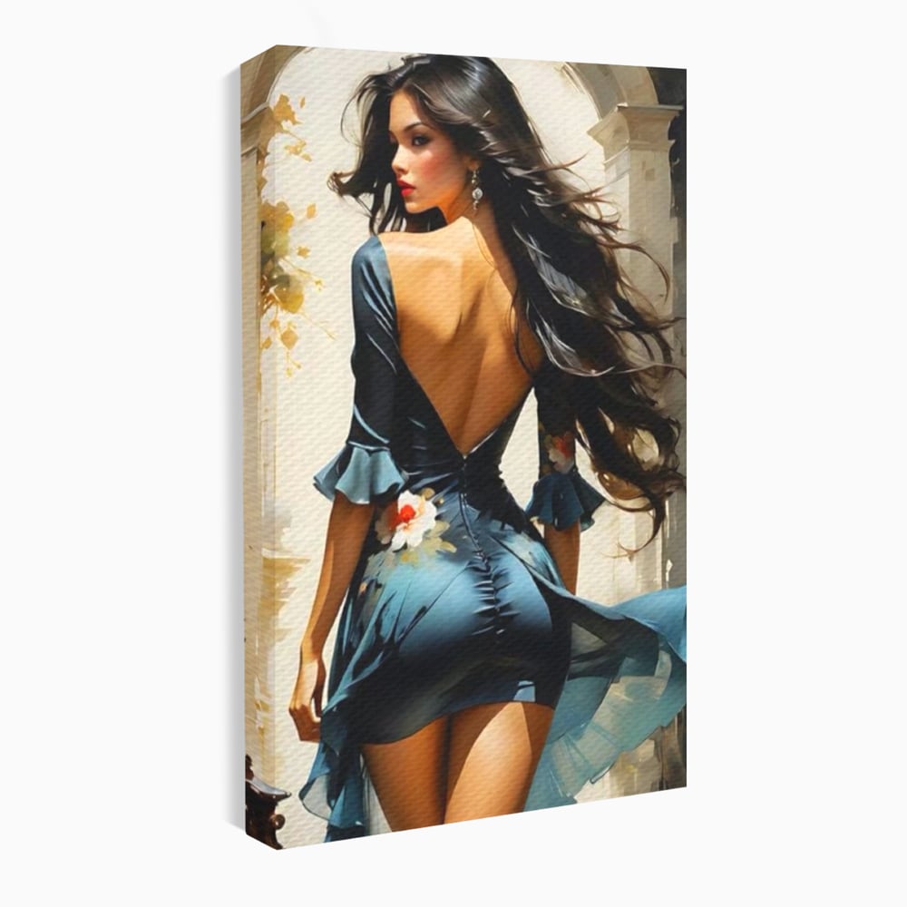 Tablou Canvas Premium LuxCanva® G1005, Povestea Unei Priviri , Romantism, Vant, Miscare, Rochie, Albastru, Satinat, Living, Dormitor, Culori vibrante