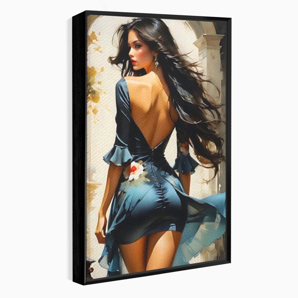 Tablou Canvas Premium LuxCanva® G1005, Povestea Unei Priviri , Romantism, Vant, Miscare, Rochie, Albastru, Satinat, Living, Dormitor, Culori vibrante