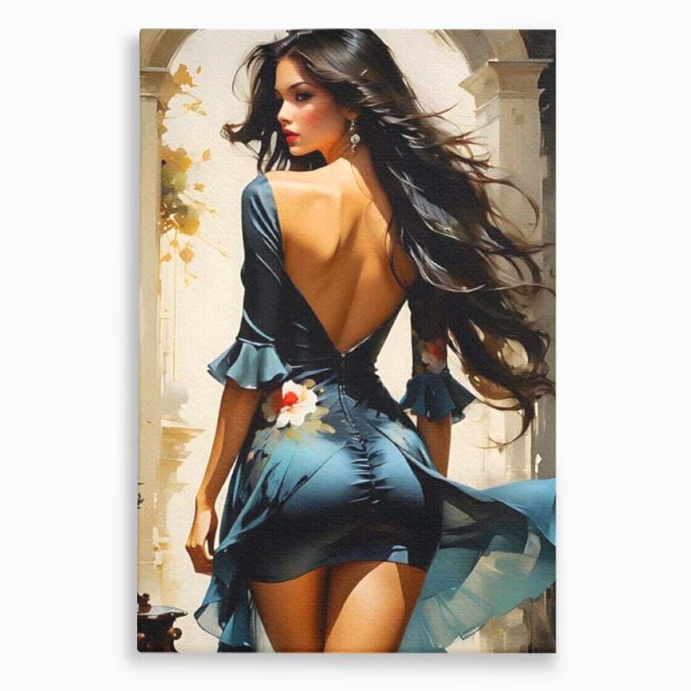 Tablou Canvas Premium LuxCanva® G1005, Povestea Unei Priviri , Romantism, Vant, Miscare, Rochie, Albastru, Satinat, Living, Dormitor, Culori vibrante