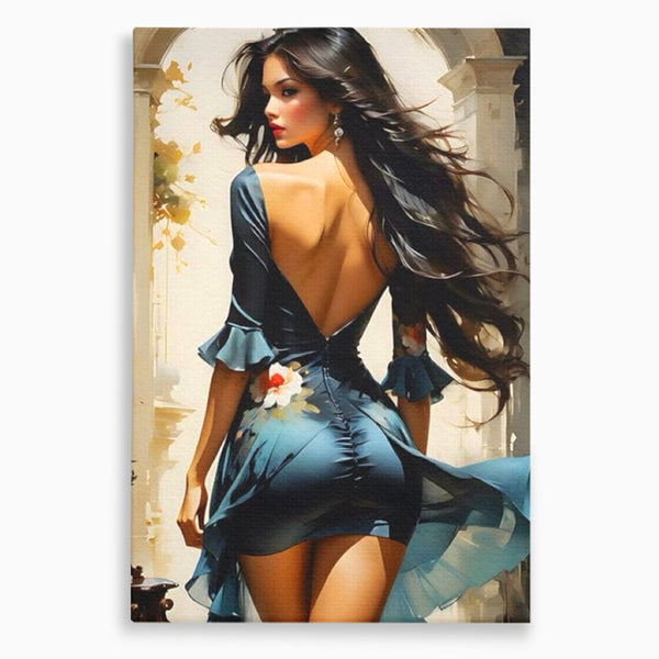 Tablou Canvas Premium LuxCanva® G1005, Povestea Unei Priviri , Romantism, Vant, Miscare, Rochie, Albastru, Satinat, Living, Dormitor, Culori vibrante