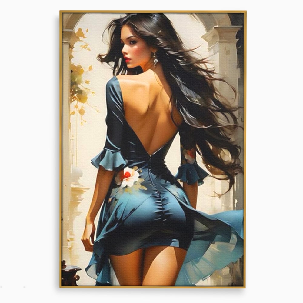 Tablou Canvas Premium LuxCanva® G1005, Povestea Unei Priviri , Romantism, Vant, Miscare, Rochie, Albastru, Satinat, Living, Dormitor, Culori vibrante