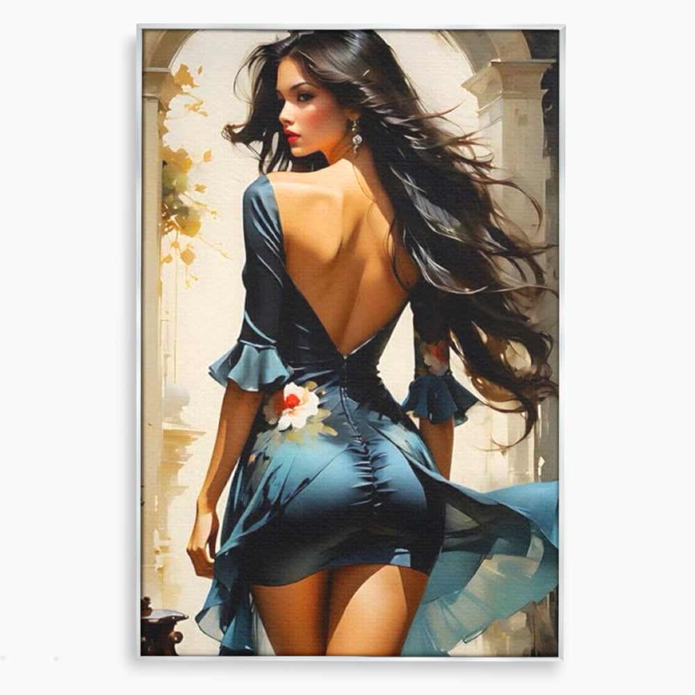 Tablou Canvas Premium LuxCanva® G1005, Povestea Unei Priviri , Romantism, Vant, Miscare, Rochie, Albastru, Satinat, Living, Dormitor, Culori vibrante