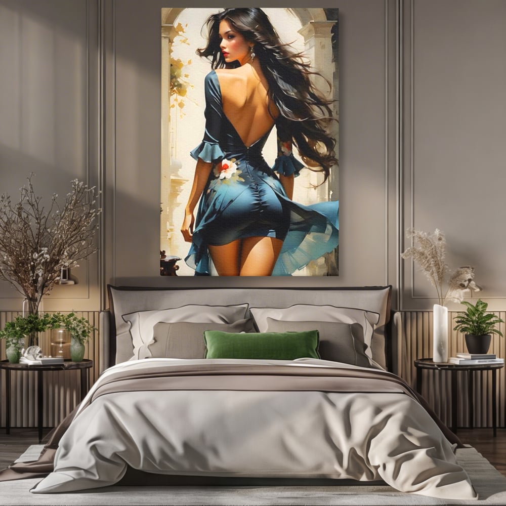 Tablou Canvas Premium LuxCanva® G1005, Povestea Unei Priviri , Romantism, Vant, Miscare, Rochie, Albastru, Satinat, Living, Dormitor, Culori vibrante