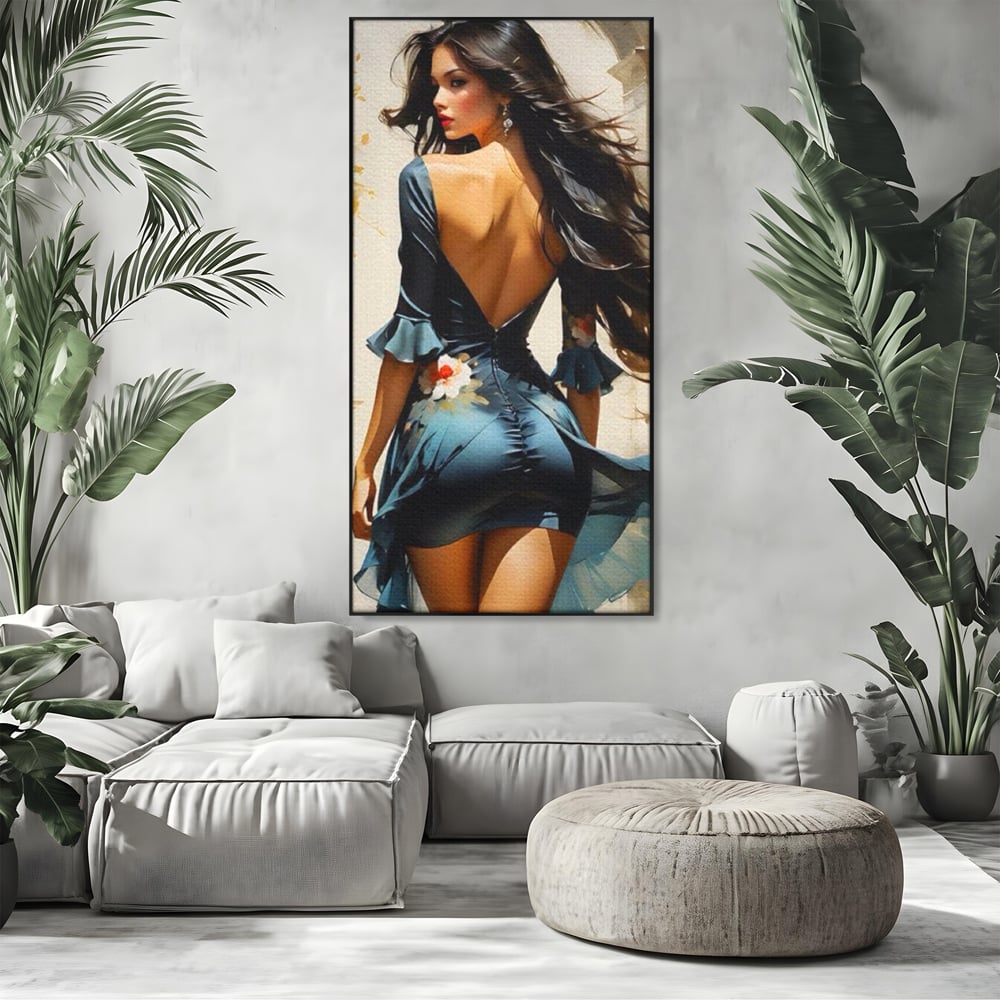 Tablou Canvas Premium LuxCanva® G1005, Povestea Unei Priviri , Romantism, Vant, Miscare, Rochie, Albastru, Satinat, Living, Dormitor, Culori vibrante