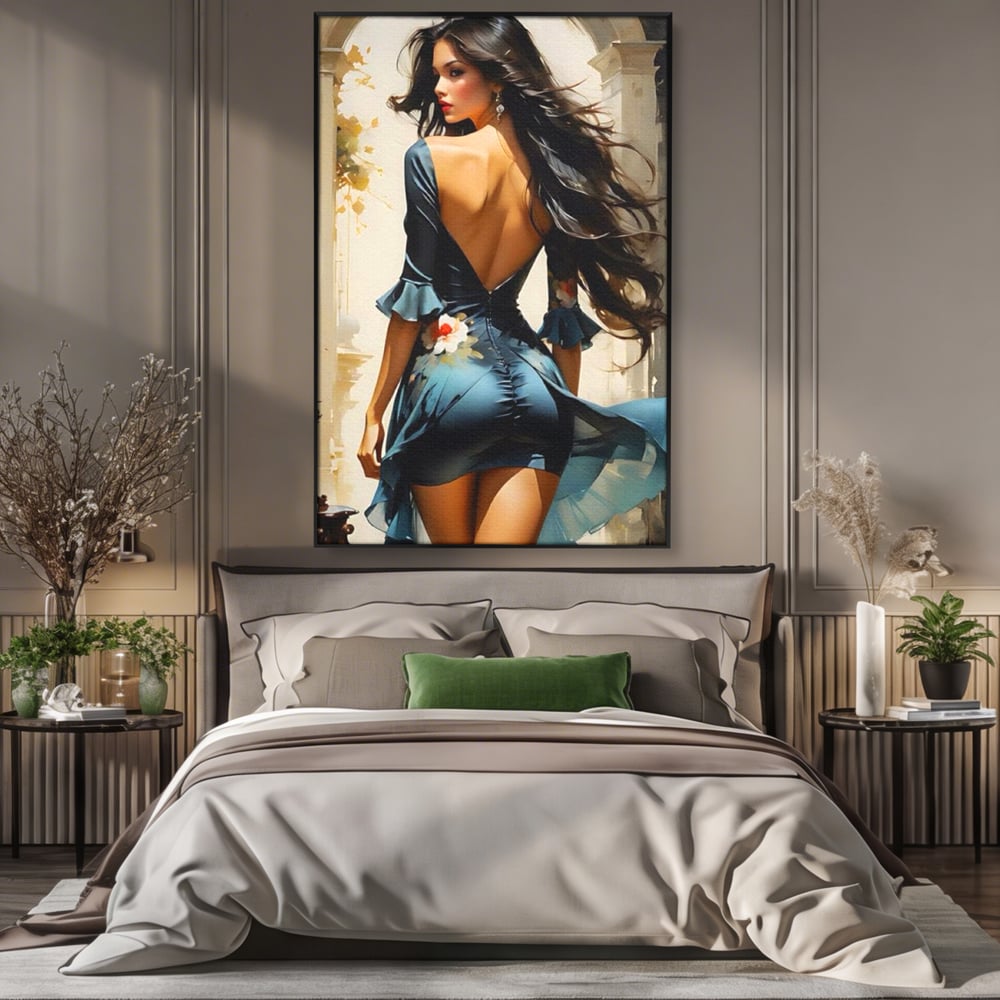 Tablou Canvas Premium LuxCanva® G1005, Povestea Unei Priviri , Romantism, Vant, Miscare, Rochie, Albastru, Satinat, Living, Dormitor, Culori vibrante