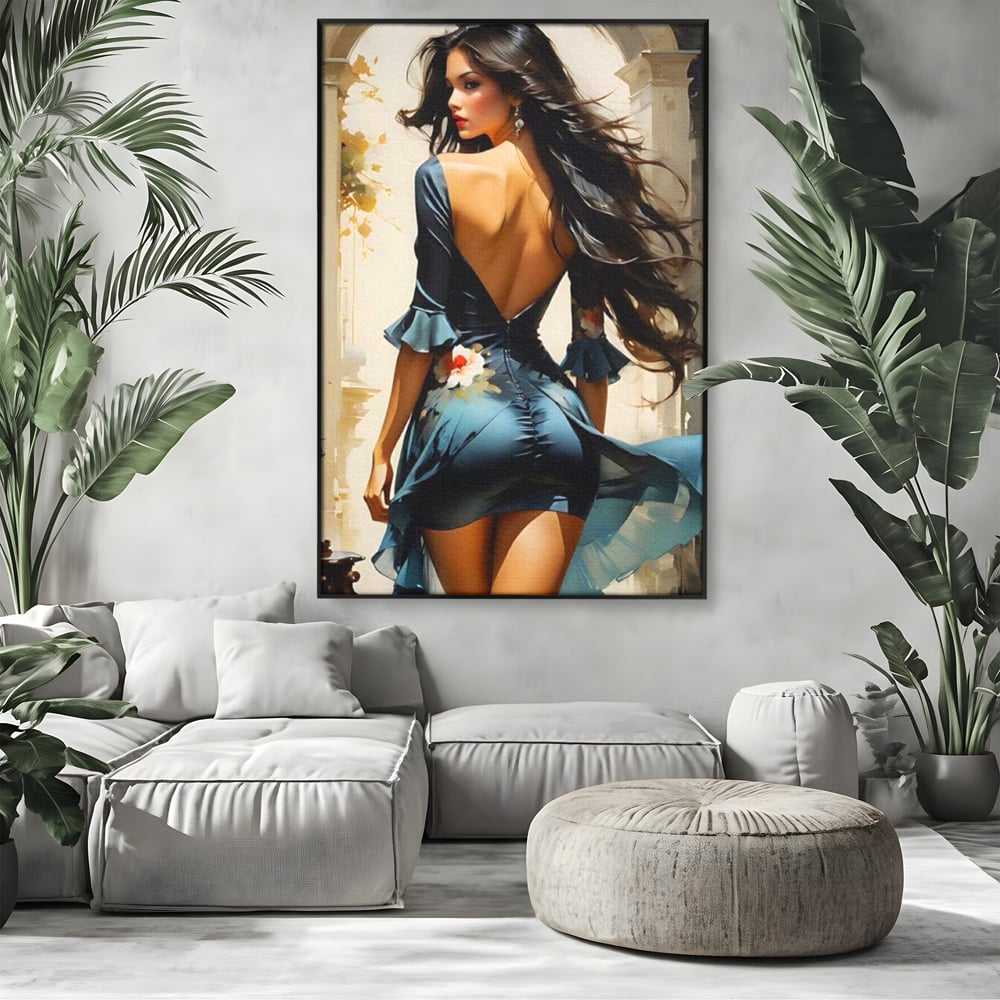 Tablou Canvas Premium LuxCanva® G1005, Povestea Unei Priviri , Romantism, Vant, Miscare, Rochie, Albastru, Satinat, Living, Dormitor, Culori vibrante