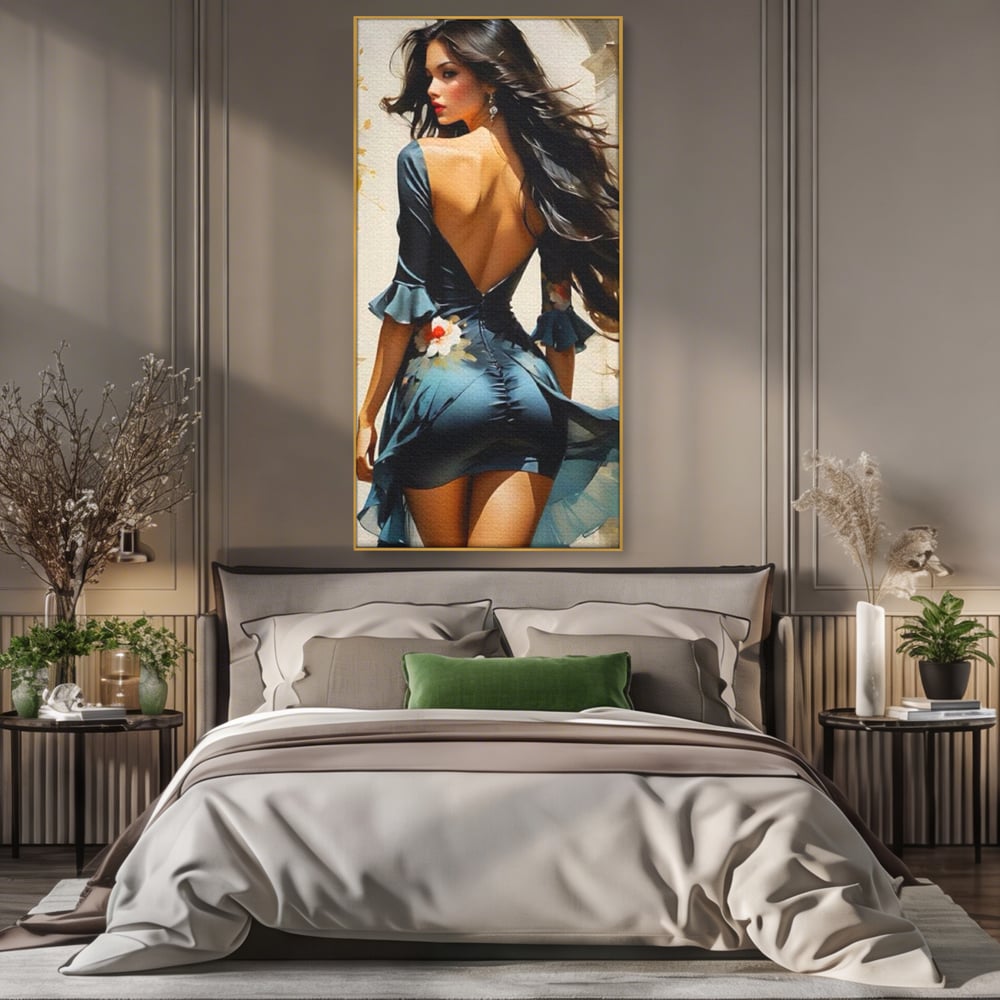 Tablou Canvas Premium LuxCanva® G1005, Povestea Unei Priviri , Romantism, Vant, Miscare, Rochie, Albastru, Satinat, Living, Dormitor, Culori vibrante