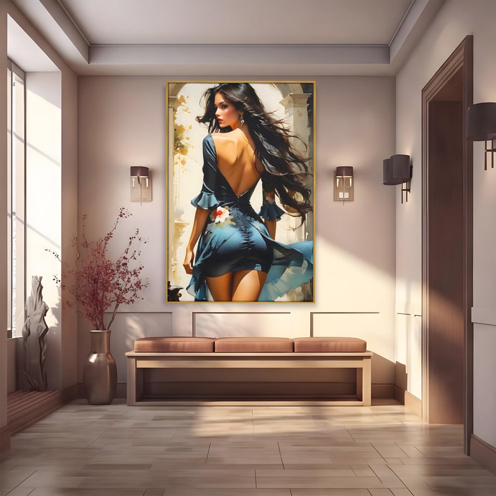Tablou Canvas Premium LuxCanva® G1005, Povestea Unei Priviri , Romantism, Vant, Miscare, Rochie, Albastru, Satinat, Living, Dormitor, Culori vibrante