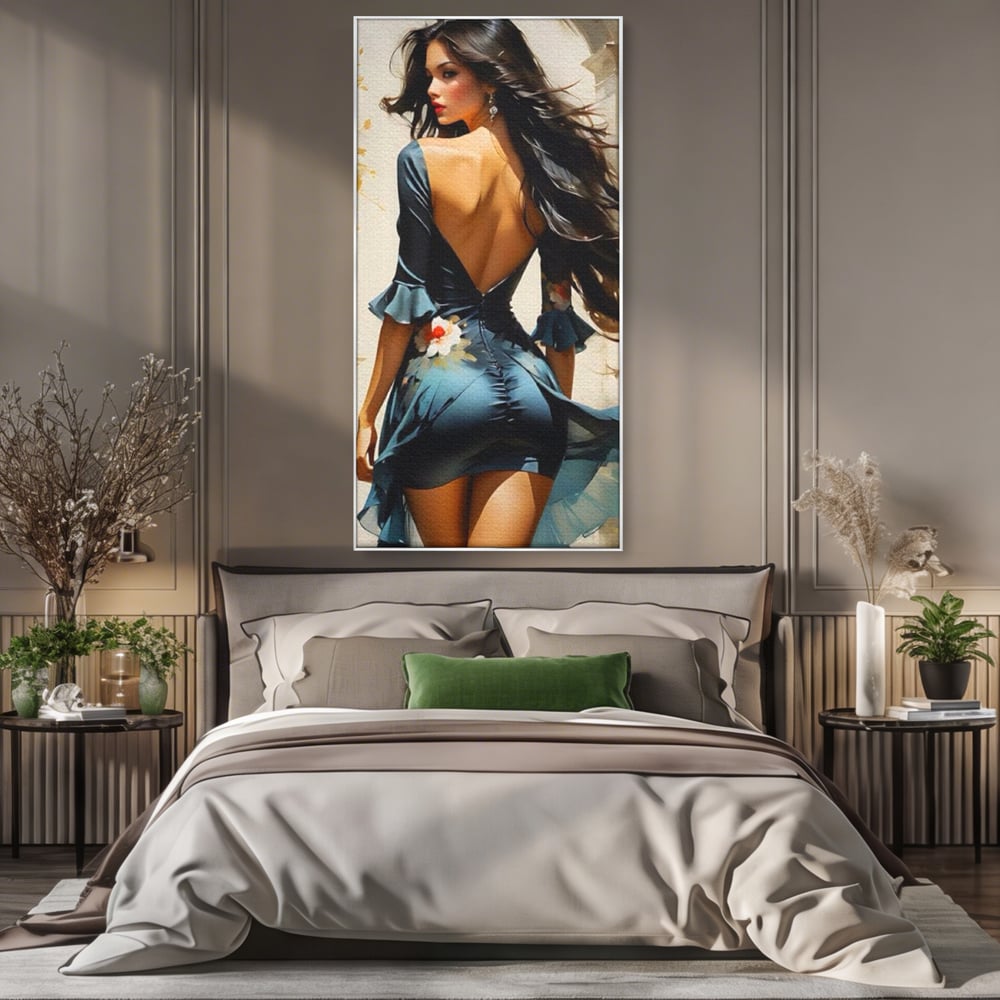 Tablou Canvas Premium LuxCanva® G1005, Povestea Unei Priviri , Romantism, Vant, Miscare, Rochie, Albastru, Satinat, Living, Dormitor, Culori vibrante