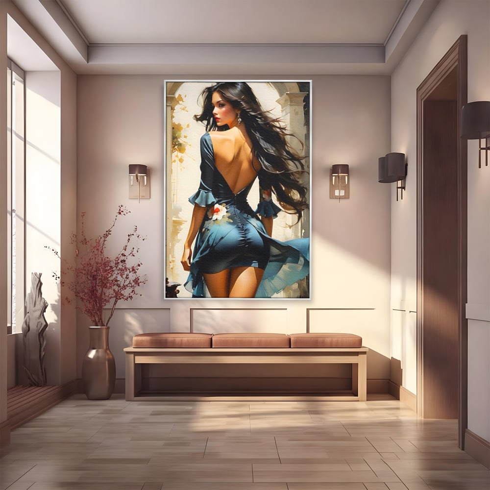 Tablou Canvas Premium LuxCanva® G1005, Povestea Unei Priviri , Romantism, Vant, Miscare, Rochie, Albastru, Satinat, Living, Dormitor, Culori vibrante