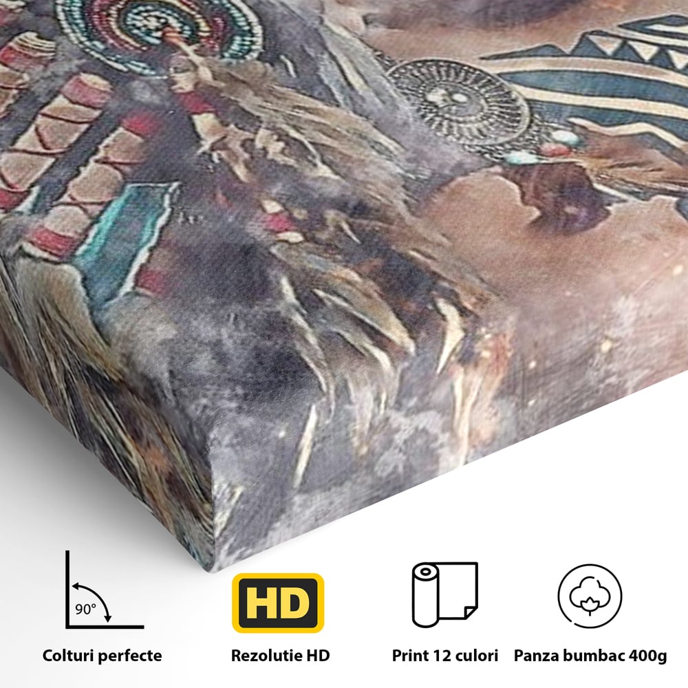 Tablou Canvas Premium LuxCanva® G1006, Suflet de Razboinica , Forta, Curaj, Tribal, Misticism, Pene, Salbatica, Femeie, Living, Dormitor, Culori vibrante