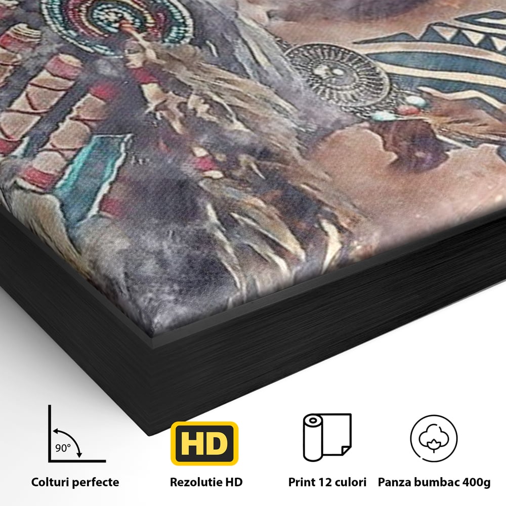 Tablou Canvas Premium LuxCanva® G1006, Suflet de Razboinica , Forta, Curaj, Tribal, Misticism, Pene, Salbatica, Femeie, Living, Dormitor, Culori vibrante