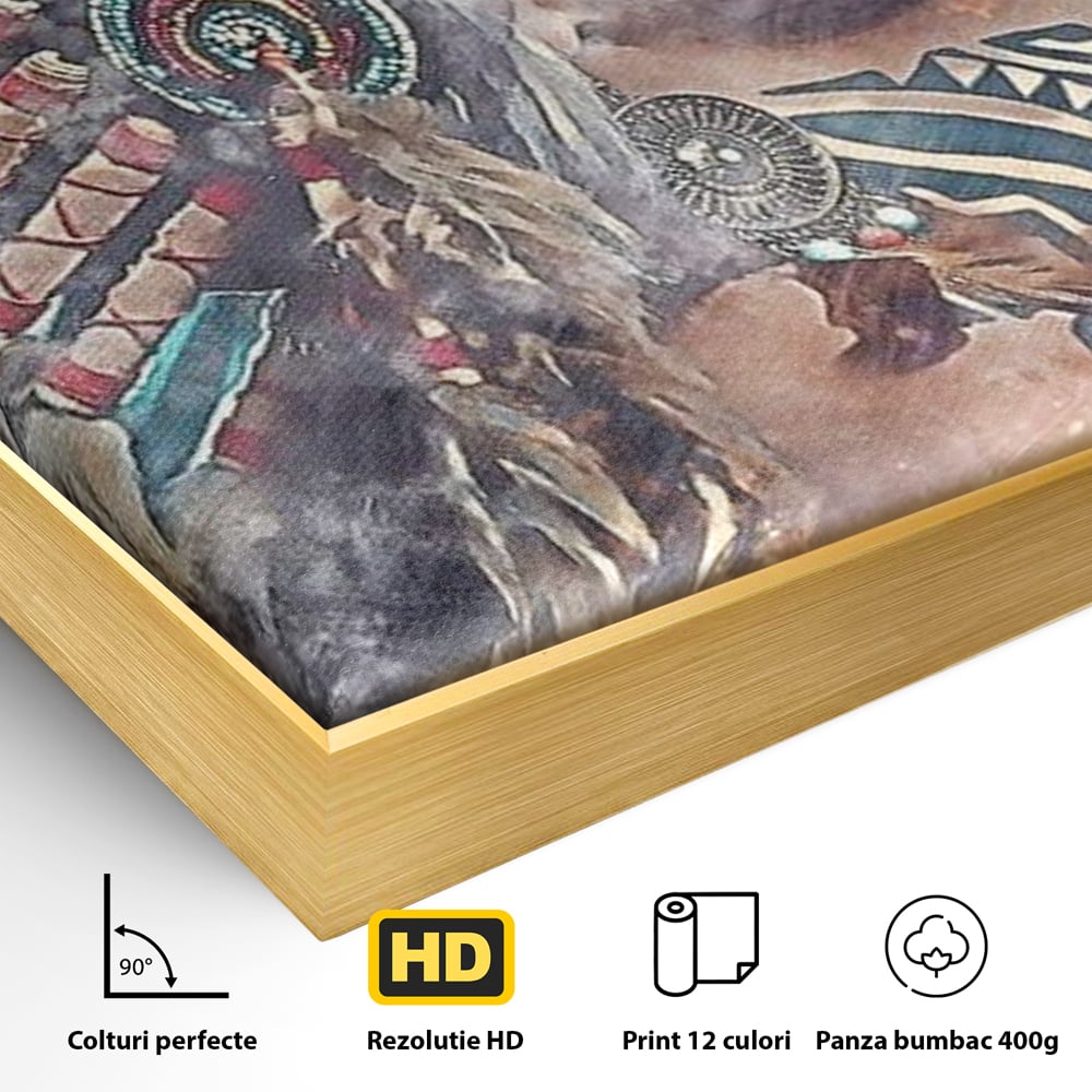 Tablou Canvas Premium LuxCanva® G1006, Suflet de Razboinica , Forta, Curaj, Tribal, Misticism, Pene, Salbatica, Femeie, Living, Dormitor, Culori vibrante