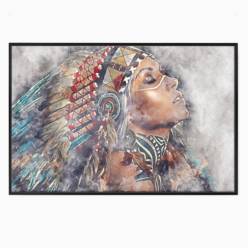 Tablou Canvas Premium LuxCanva® G1006, Suflet de Razboinica , Forta, Curaj, Tribal, Misticism, Pene, Salbatica, Femeie, Living, Dormitor, Culori vibrante
