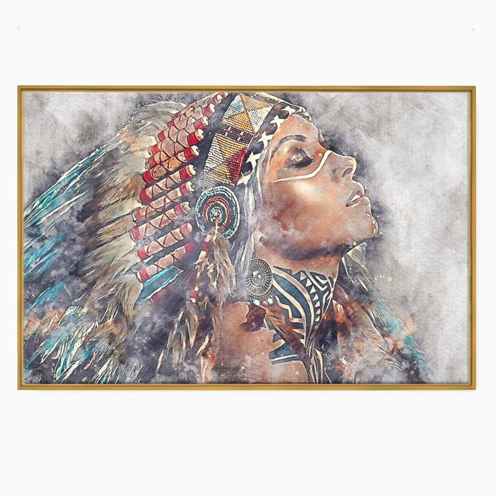 Tablou Canvas Premium LuxCanva® G1006, Suflet de Razboinica , Forta, Curaj, Tribal, Misticism, Pene, Salbatica, Femeie, Living, Dormitor, Culori vibrante