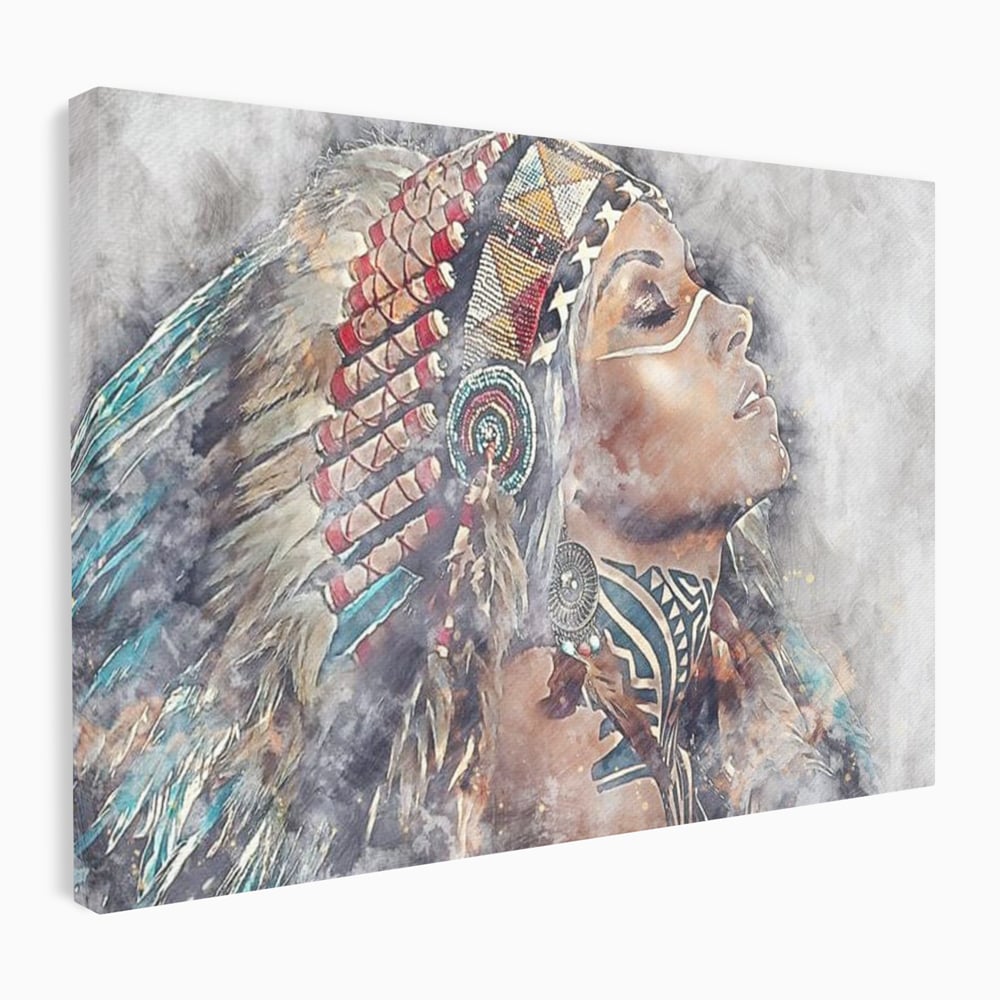 Tablou Canvas Premium LuxCanva® G1006, Suflet de Razboinica , Forta, Curaj, Tribal, Misticism, Pene, Salbatica, Femeie, Living, Dormitor, Culori vibrante