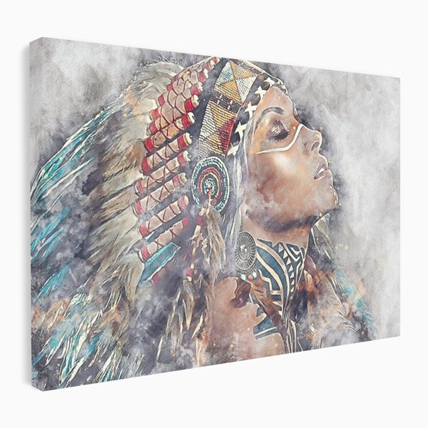 Tablou Canvas Premium LuxCanva® G1006, Suflet de Razboinica , Forta, Curaj, Tribal, Misticism, Pene, Salbatica, Femeie, Living, Dormitor, Culori vibrante