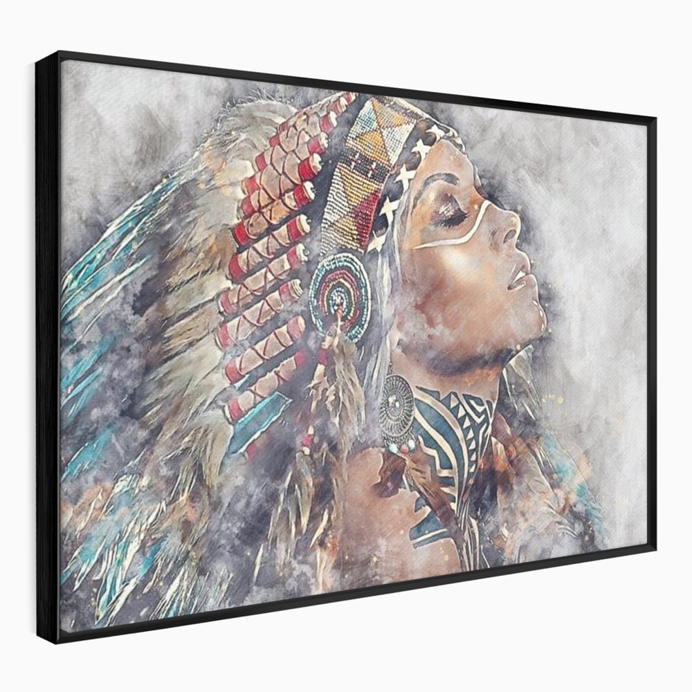 Tablou Canvas Premium LuxCanva® G1006, Suflet de Razboinica , Forta, Curaj, Tribal, Misticism, Pene, Salbatica, Femeie, Living, Dormitor, Culori vibrante