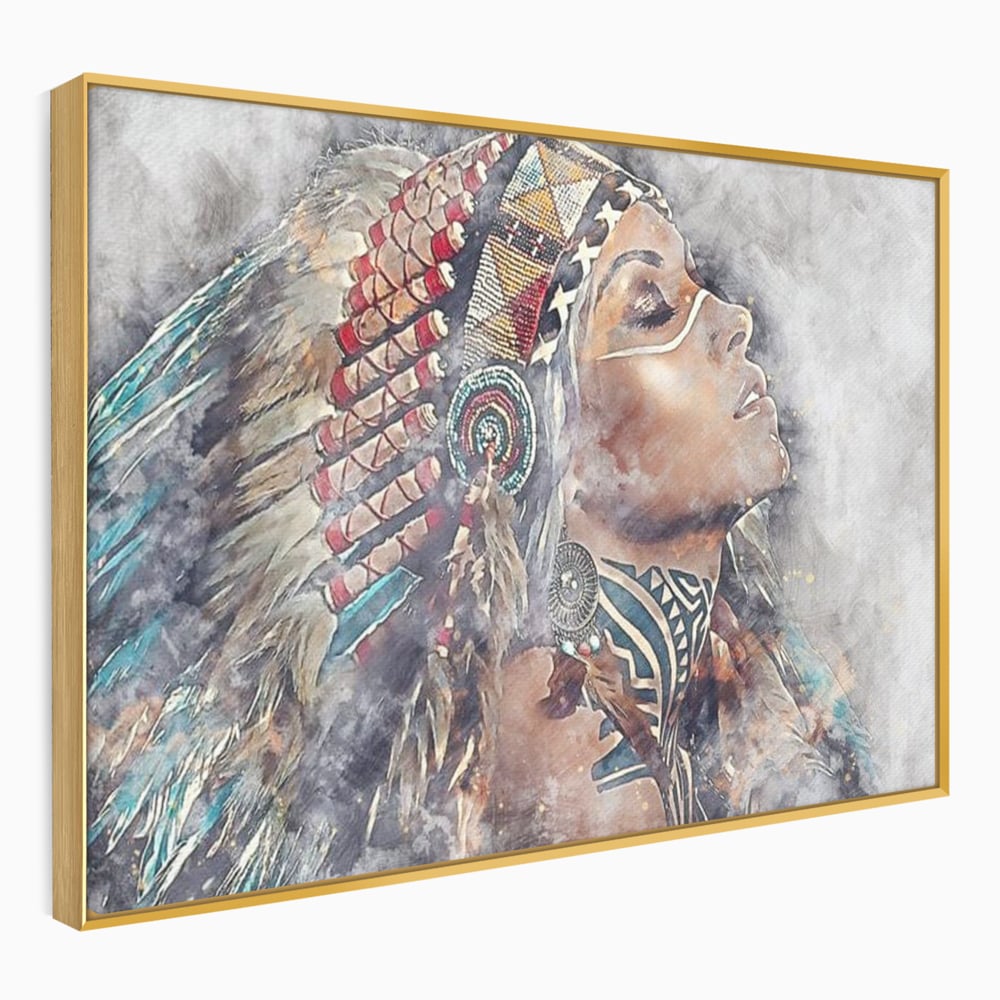 Tablou Canvas Premium LuxCanva® G1006, Suflet de Razboinica , Forta, Curaj, Tribal, Misticism, Pene, Salbatica, Femeie, Living, Dormitor, Culori vibrante