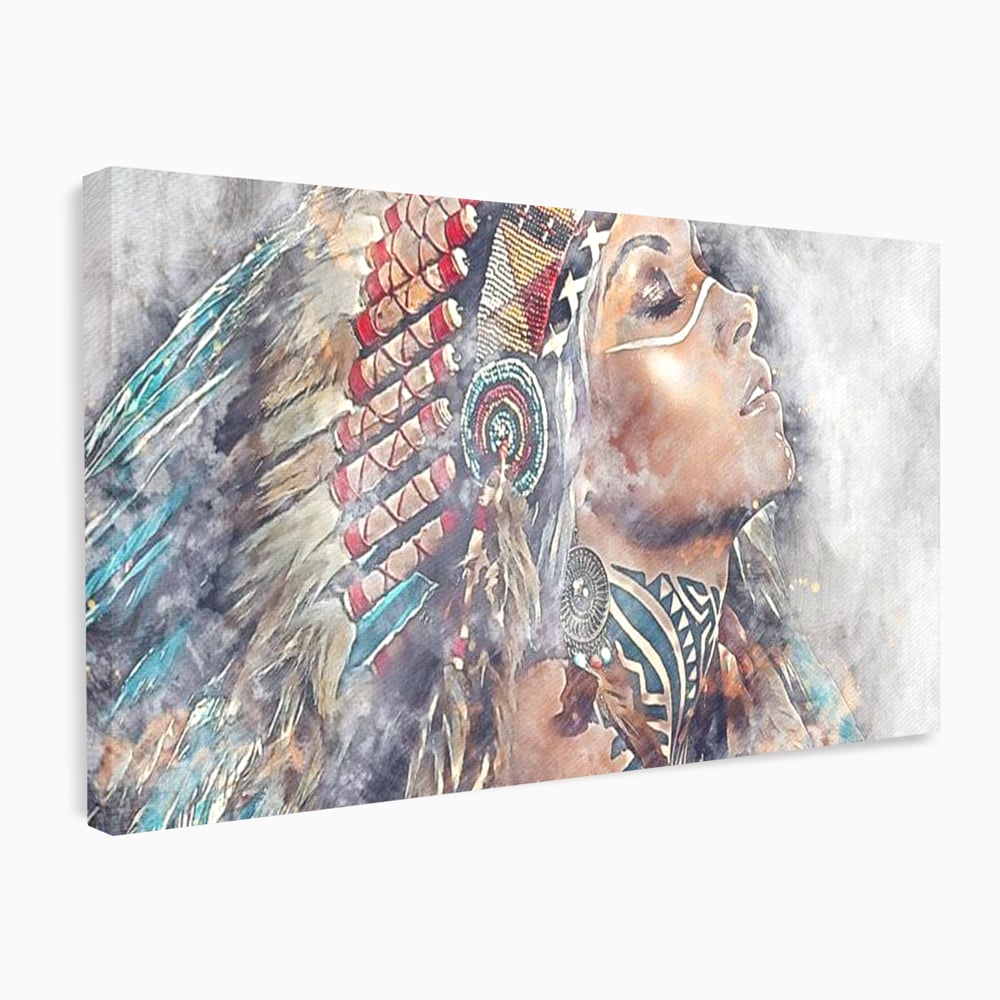 Tablou Canvas Premium LuxCanva® G1006, Suflet de Razboinica , Forta, Curaj, Tribal, Misticism, Pene, Salbatica, Femeie, Living, Dormitor, Culori vibrante