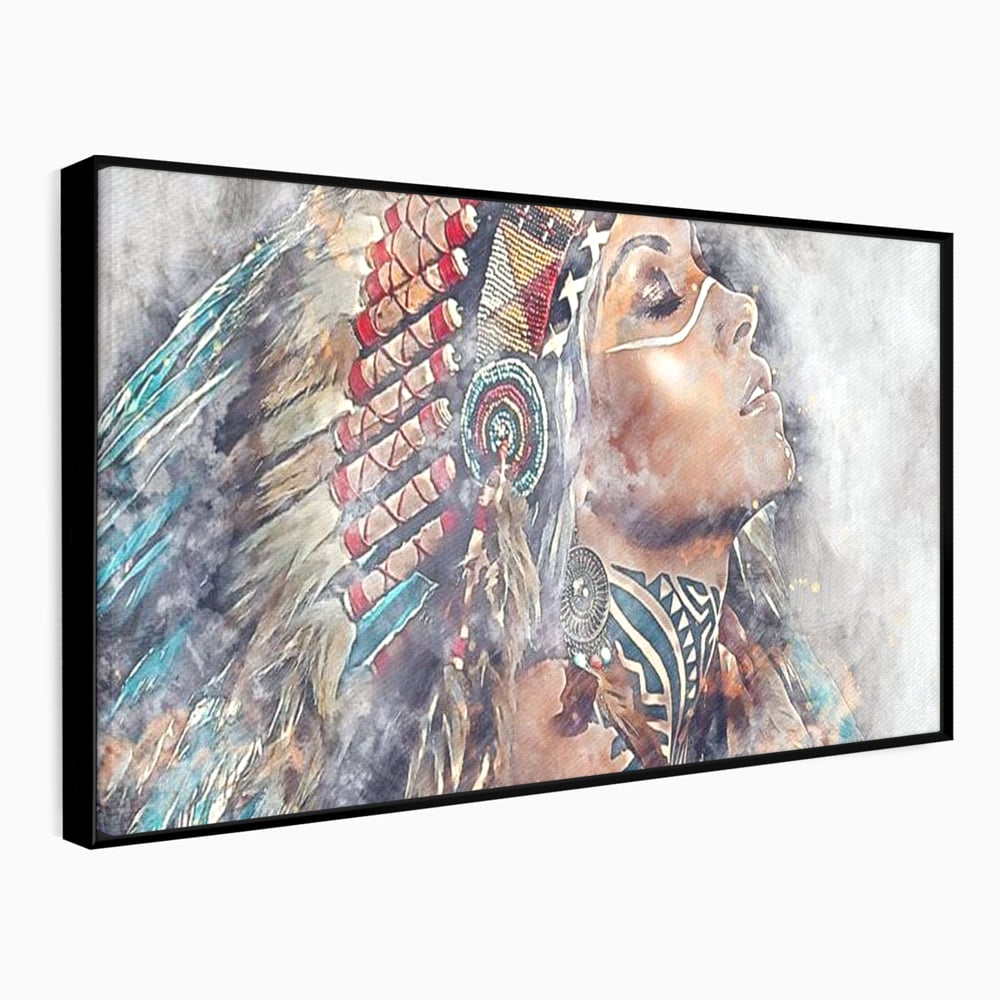 Tablou Canvas Premium LuxCanva® G1006, Suflet de Razboinica , Forta, Curaj, Tribal, Misticism, Pene, Salbatica, Femeie, Living, Dormitor, Culori vibrante