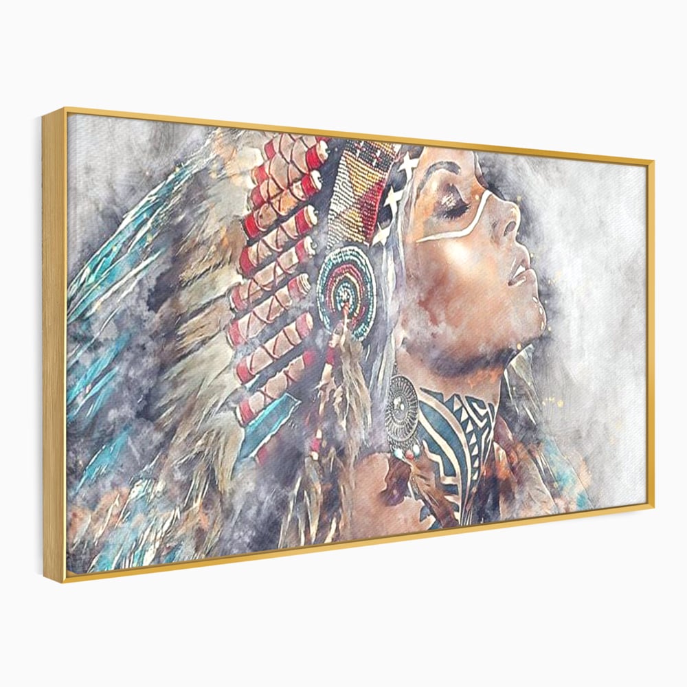 Tablou Canvas Premium LuxCanva® G1006, Suflet de Razboinica , Forta, Curaj, Tribal, Misticism, Pene, Salbatica, Femeie, Living, Dormitor, Culori vibrante