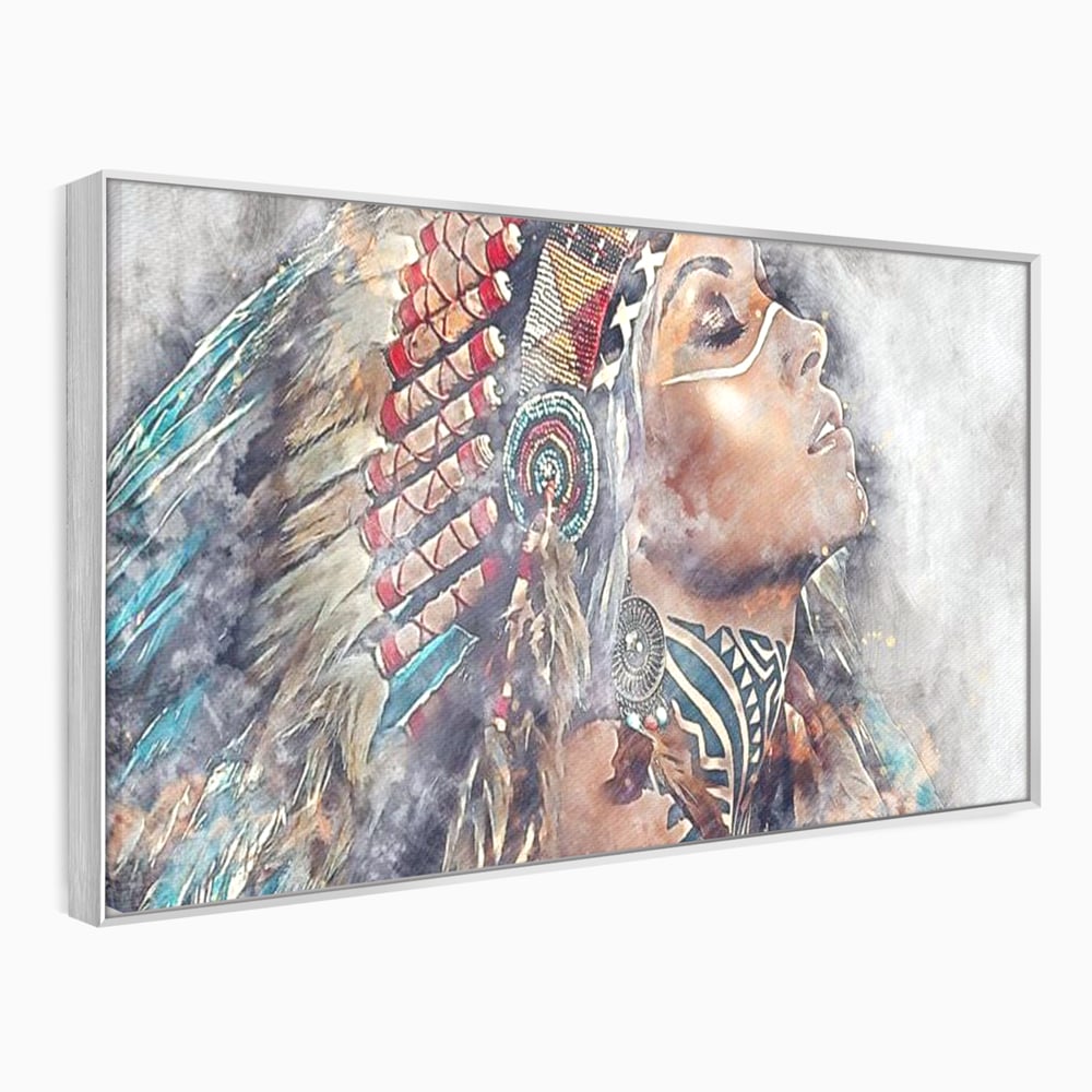 Tablou Canvas Premium LuxCanva® G1006, Suflet de Razboinica , Forta, Curaj, Tribal, Misticism, Pene, Salbatica, Femeie, Living, Dormitor, Culori vibrante
