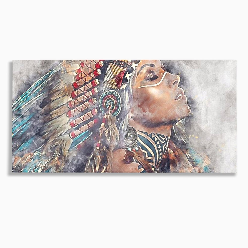 Tablou Canvas Premium LuxCanva® G1006, Suflet de Razboinica , Forta, Curaj, Tribal, Misticism, Pene, Salbatica, Femeie, Living, Dormitor, Culori vibrante
