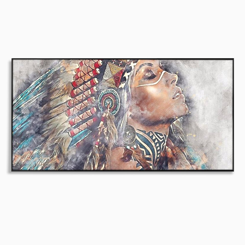 Tablou Canvas Premium LuxCanva® G1006, Suflet de Razboinica , Forta, Curaj, Tribal, Misticism, Pene, Salbatica, Femeie, Living, Dormitor, Culori vibrante
