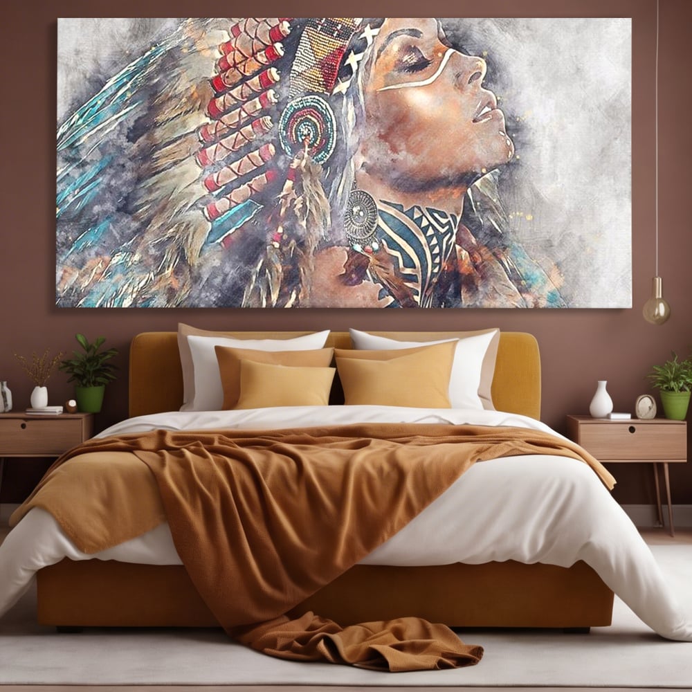 Tablou Canvas Premium LuxCanva® G1006, Suflet de Razboinica , Forta, Curaj, Tribal, Misticism, Pene, Salbatica, Femeie, Living, Dormitor, Culori vibrante