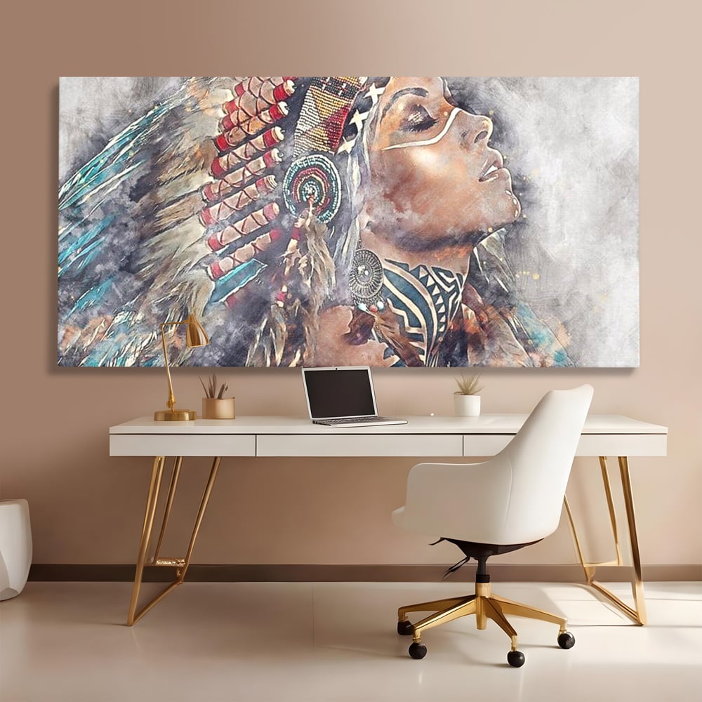 Tablou Canvas Premium LuxCanva® G1006, Suflet de Razboinica , Forta, Curaj, Tribal, Misticism, Pene, Salbatica, Femeie, Living, Dormitor, Culori vibrante