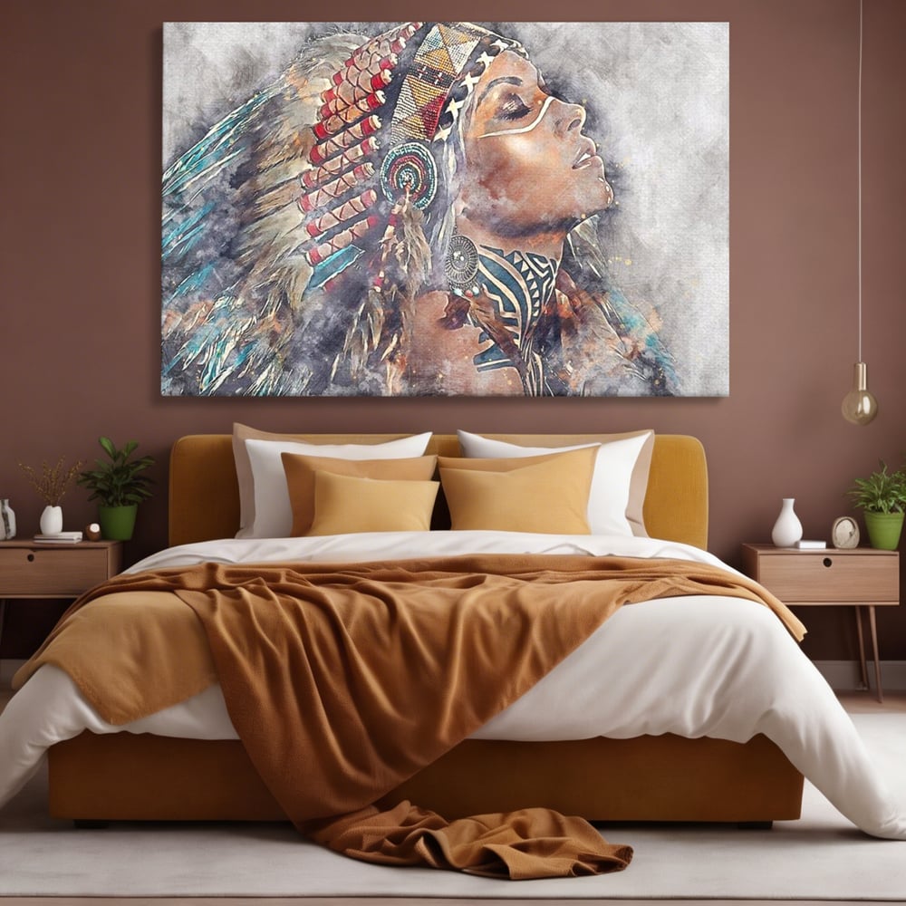 Tablou Canvas Premium LuxCanva® G1006, Suflet de Razboinica , Forta, Curaj, Tribal, Misticism, Pene, Salbatica, Femeie, Living, Dormitor, Culori vibrante