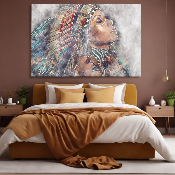 Tablou Canvas Premium LuxCanva® G1006, Suflet de Razboinica , Forta, Curaj, Tribal, Misticism, Pene, Salbatica, Femeie, Living, Dormitor, Culori vibrante
