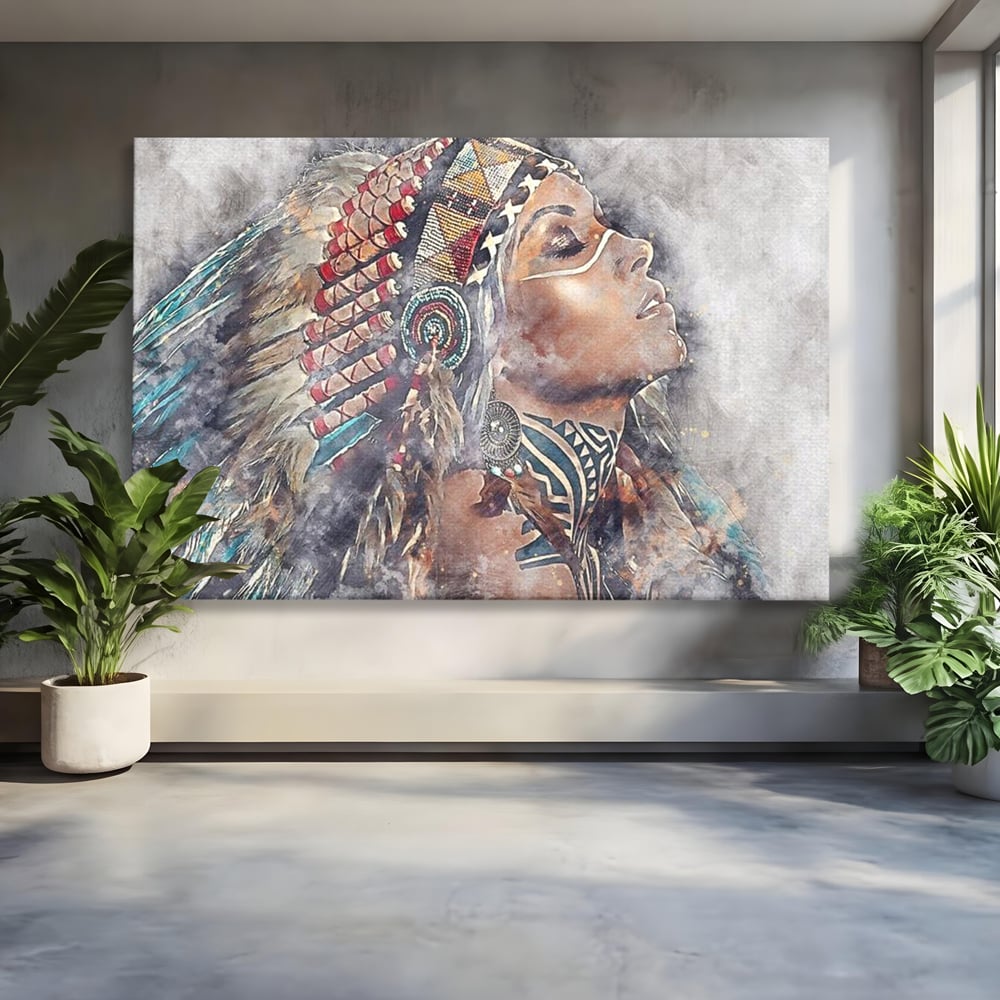Tablou Canvas Premium LuxCanva® G1006, Suflet de Razboinica , Forta, Curaj, Tribal, Misticism, Pene, Salbatica, Femeie, Living, Dormitor, Culori vibrante