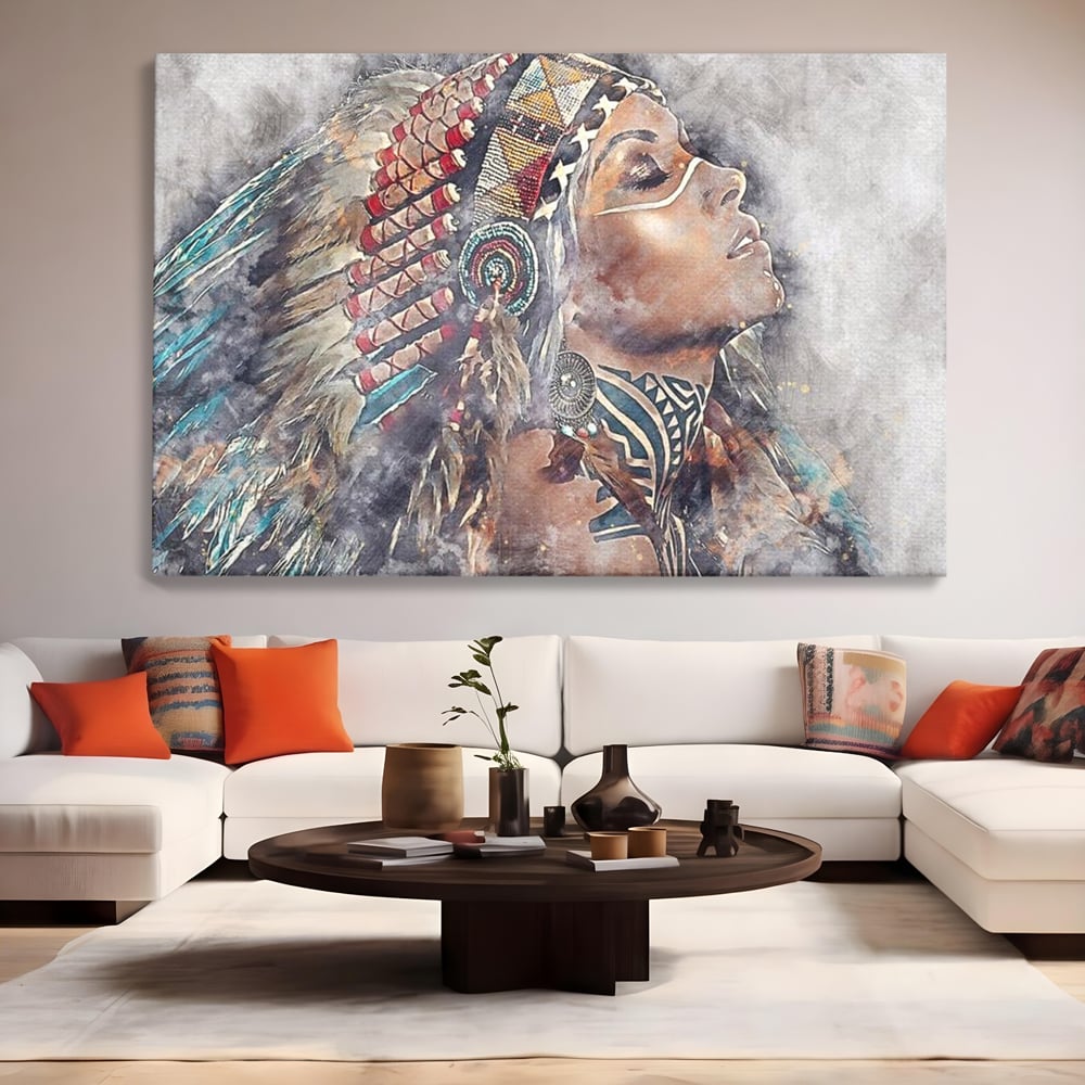 Tablou Canvas Premium LuxCanva® G1006, Suflet de Razboinica , Forta, Curaj, Tribal, Misticism, Pene, Salbatica, Femeie, Living, Dormitor, Culori vibrante