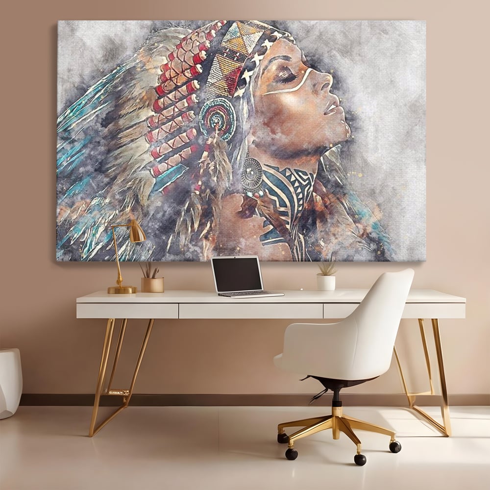 Tablou Canvas Premium LuxCanva® G1006, Suflet de Razboinica , Forta, Curaj, Tribal, Misticism, Pene, Salbatica, Femeie, Living, Dormitor, Culori vibrante