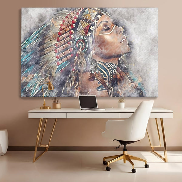 Tablou Canvas Premium LuxCanva® G1006, Suflet de Razboinica , Forta, Curaj, Tribal, Misticism, Pene, Salbatica, Femeie, Living, Dormitor, Culori vibrante