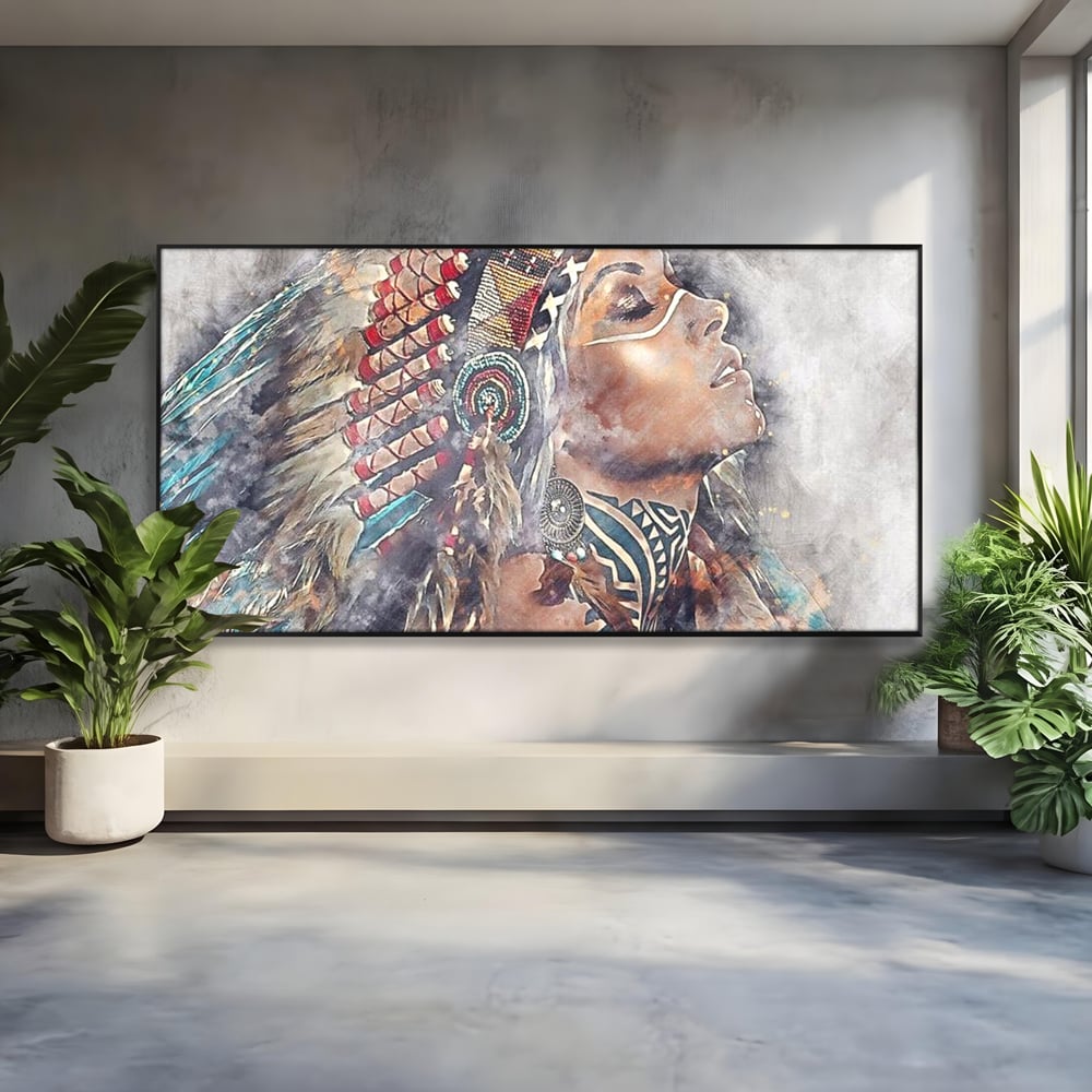 Tablou Canvas Premium LuxCanva® G1006, Suflet de Razboinica , Forta, Curaj, Tribal, Misticism, Pene, Salbatica, Femeie, Living, Dormitor, Culori vibrante