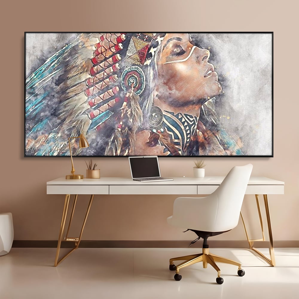 Tablou Canvas Premium LuxCanva® G1006, Suflet de Razboinica , Forta, Curaj, Tribal, Misticism, Pene, Salbatica, Femeie, Living, Dormitor, Culori vibrante