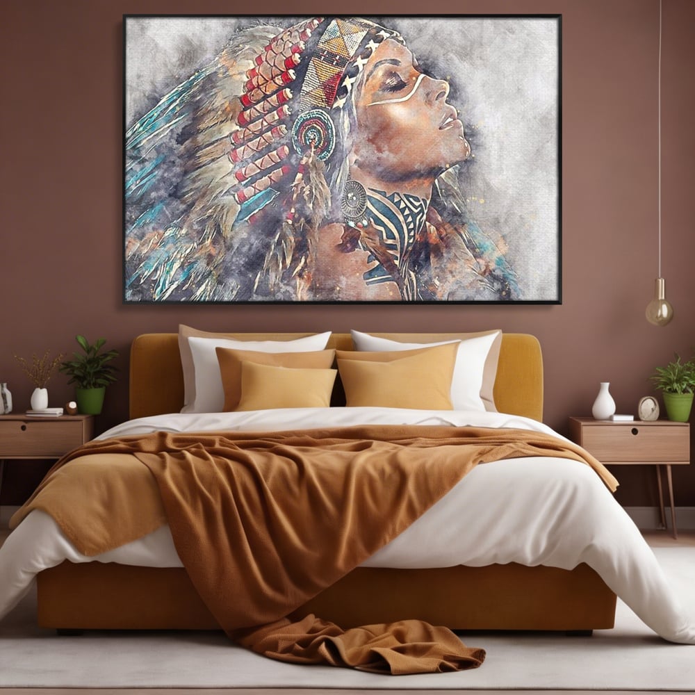 Tablou Canvas Premium LuxCanva® G1006, Suflet de Razboinica , Forta, Curaj, Tribal, Misticism, Pene, Salbatica, Femeie, Living, Dormitor, Culori vibrante