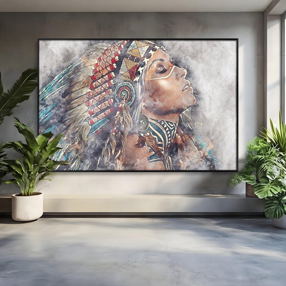 Tablou Canvas Premium LuxCanva® G1006, Suflet de Razboinica , Forta, Curaj, Tribal, Misticism, Pene, Salbatica, Femeie, Living, Dormitor, Culori vibrante