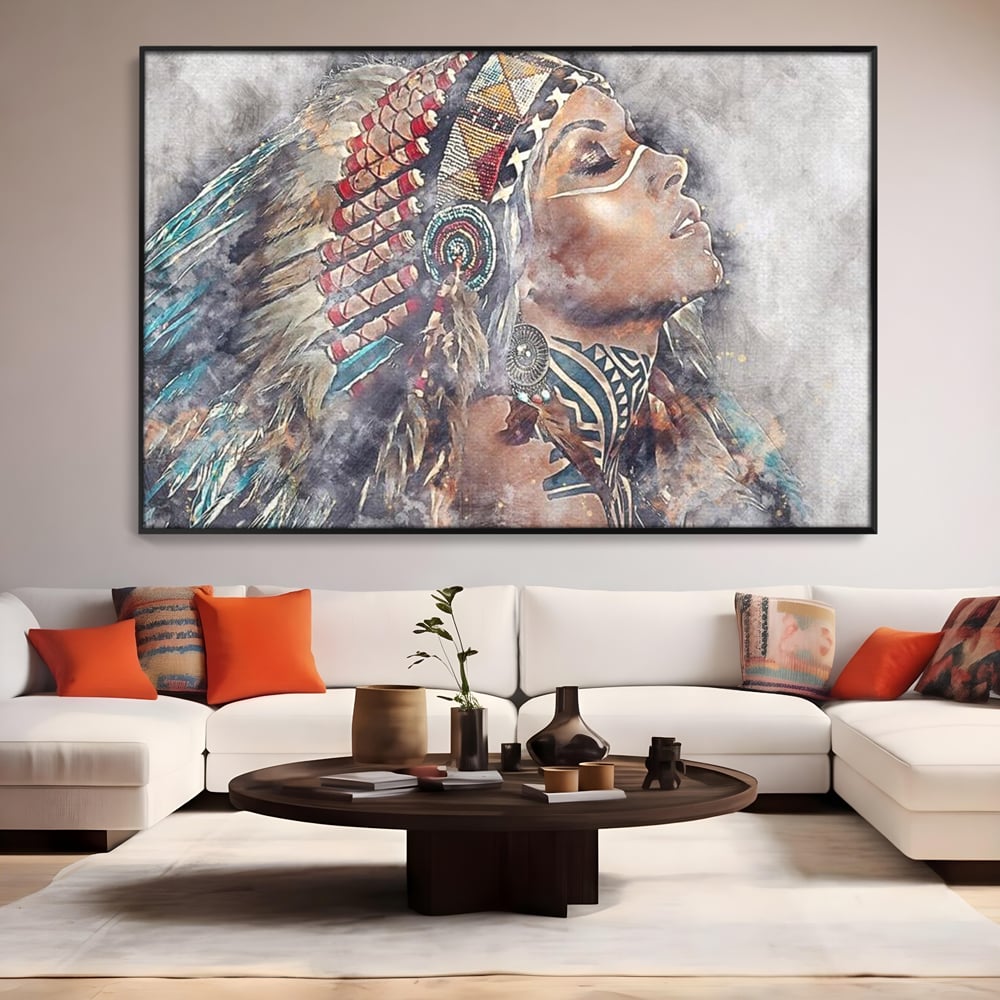 Tablou Canvas Premium LuxCanva® G1006, Suflet de Razboinica , Forta, Curaj, Tribal, Misticism, Pene, Salbatica, Femeie, Living, Dormitor, Culori vibrante