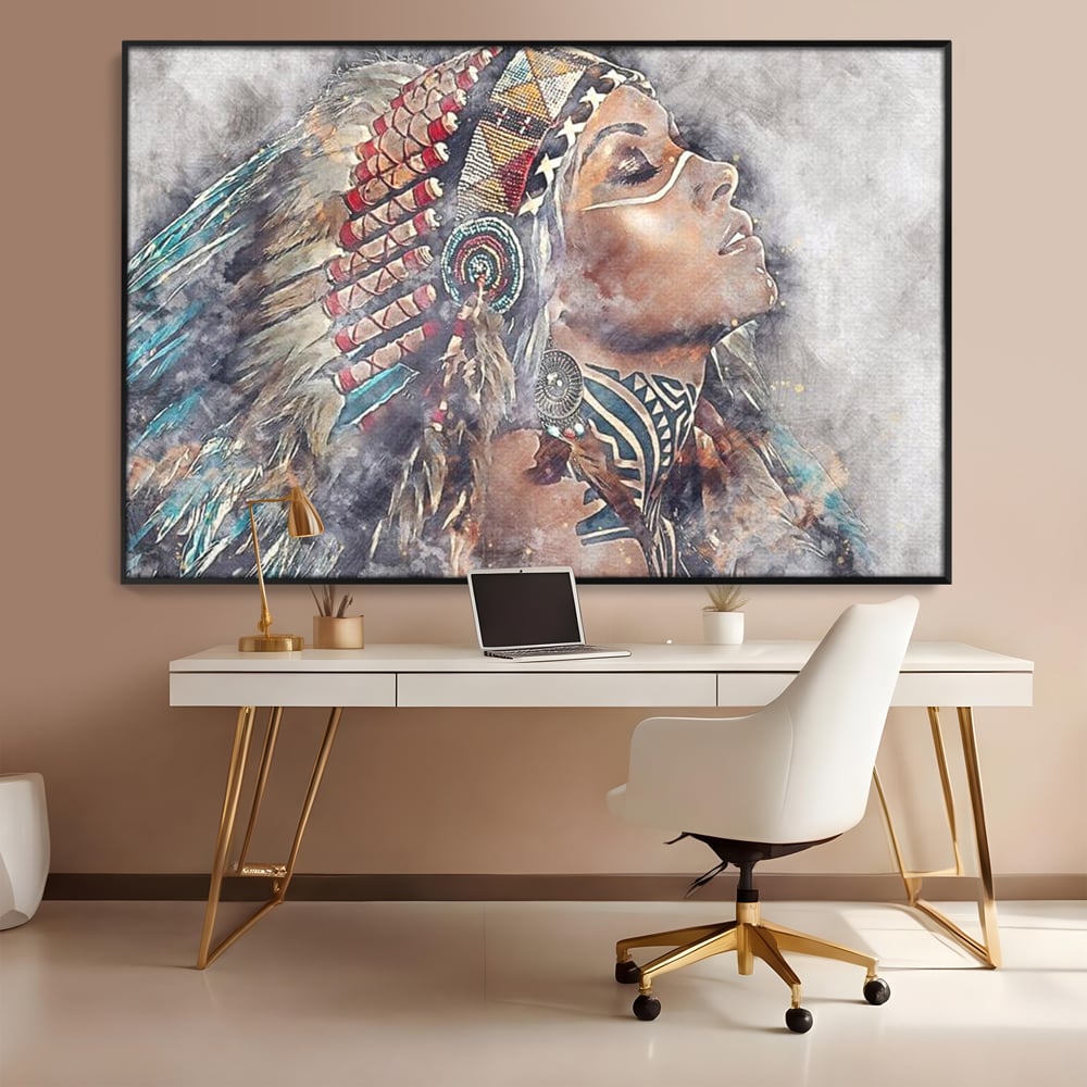Tablou Canvas Premium LuxCanva® G1006, Suflet de Razboinica , Forta, Curaj, Tribal, Misticism, Pene, Salbatica, Femeie, Living, Dormitor, Culori vibrante