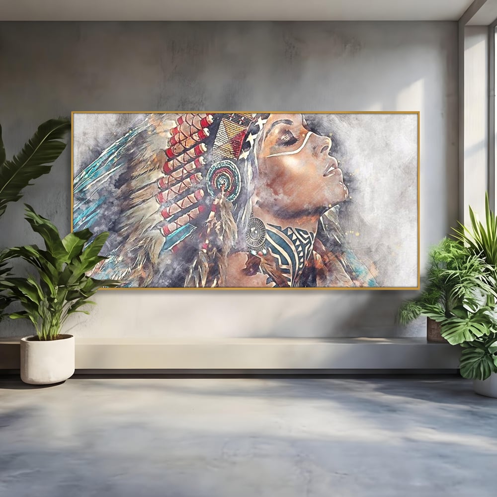 Tablou Canvas Premium LuxCanva® G1006, Suflet de Razboinica , Forta, Curaj, Tribal, Misticism, Pene, Salbatica, Femeie, Living, Dormitor, Culori vibrante