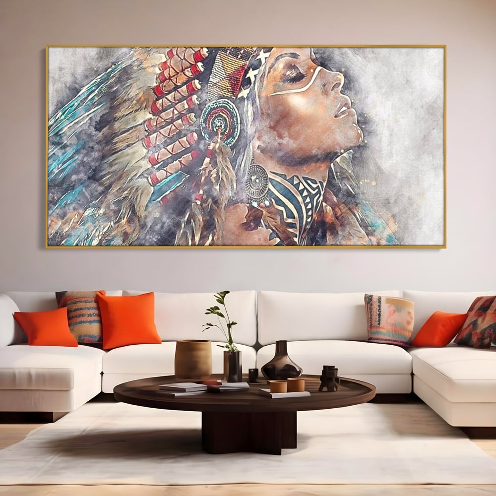 Tablou Canvas Premium LuxCanva® G1006, Suflet de Razboinica , Forta, Curaj, Tribal, Misticism, Pene, Salbatica, Femeie, Living, Dormitor, Culori vibrante