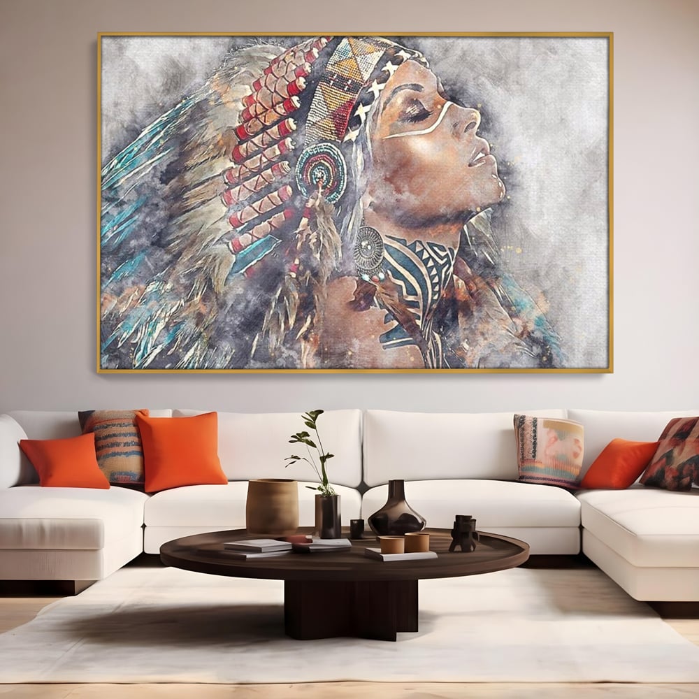 Tablou Canvas Premium LuxCanva® G1006, Suflet de Razboinica , Forta, Curaj, Tribal, Misticism, Pene, Salbatica, Femeie, Living, Dormitor, Culori vibrante