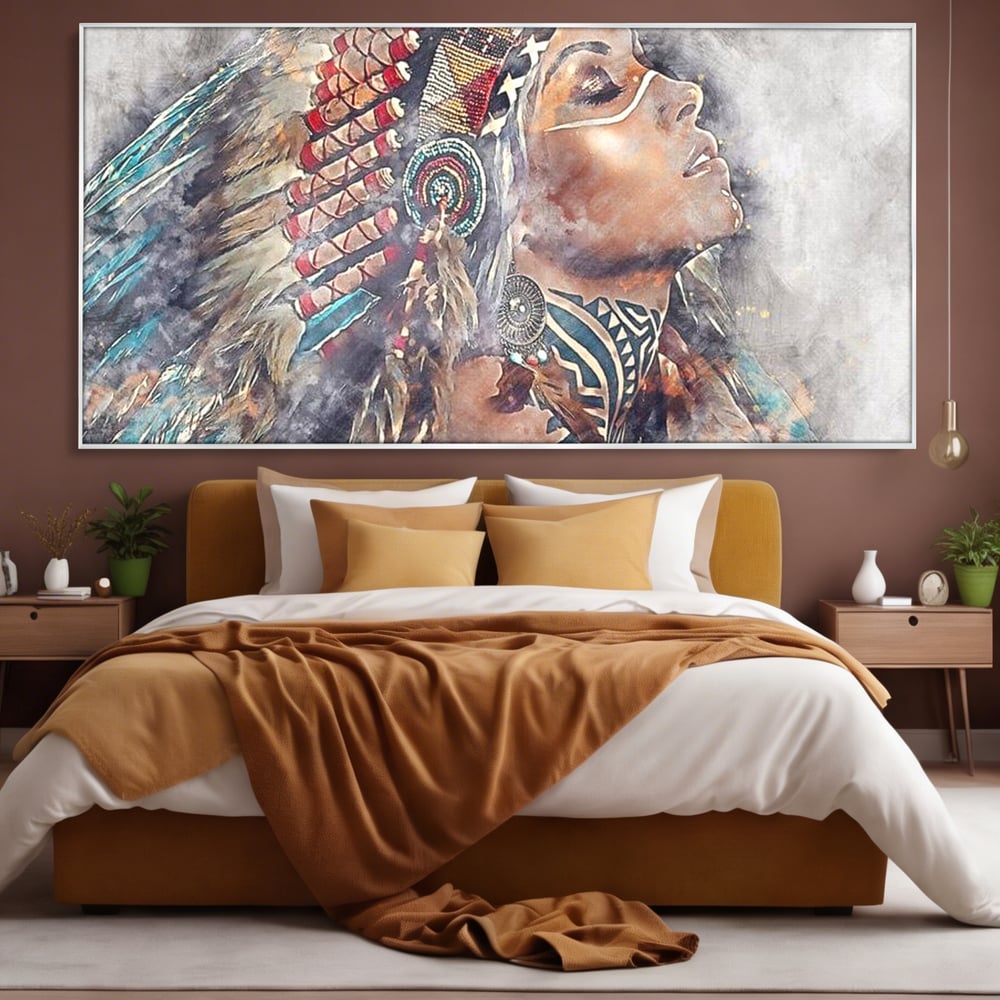 Tablou Canvas Premium LuxCanva® G1006, Suflet de Razboinica , Forta, Curaj, Tribal, Misticism, Pene, Salbatica, Femeie, Living, Dormitor, Culori vibrante